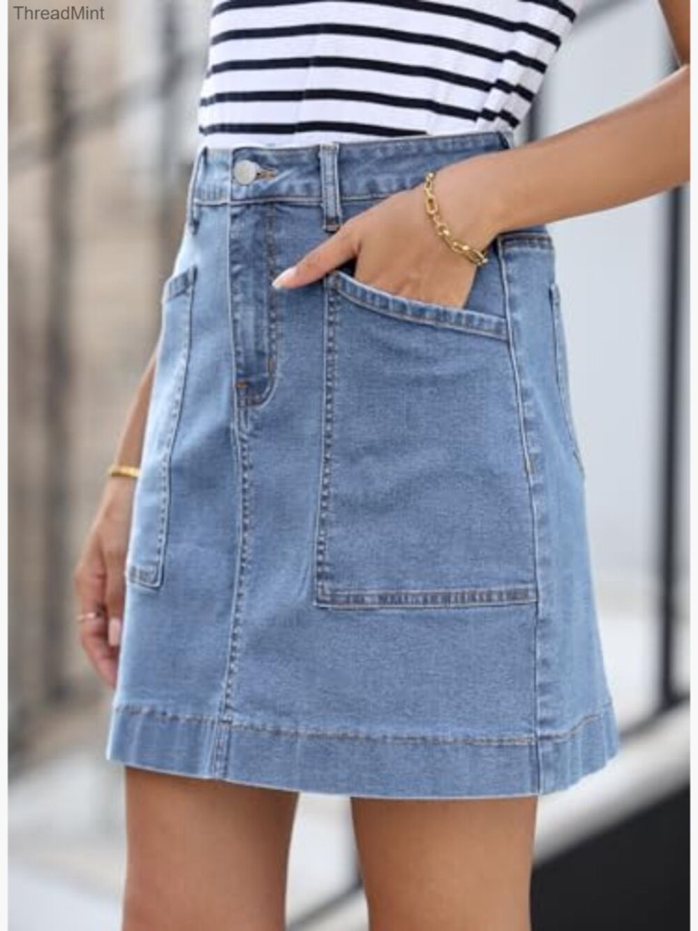 High Waisted Stretch Denim Skirt with Pockets - Picture 3 of 6